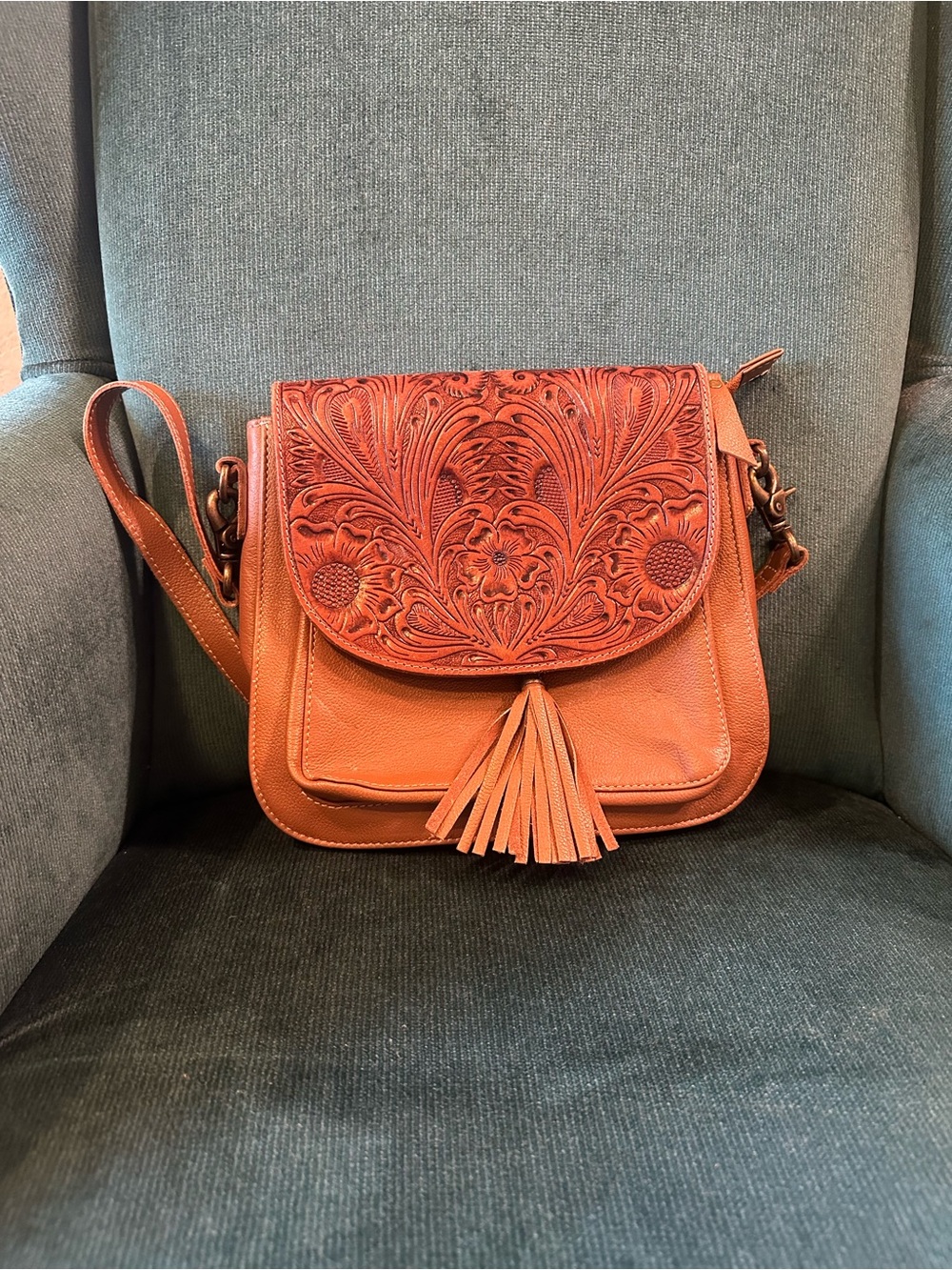 Leather Tooled Saddle Crossbody Bag in Cognac